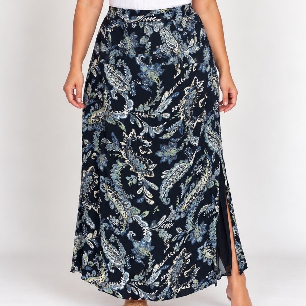 Style & Co Paisley Maxi Skirt Size 16 Navy 100% Rayon Side Slit Boho
